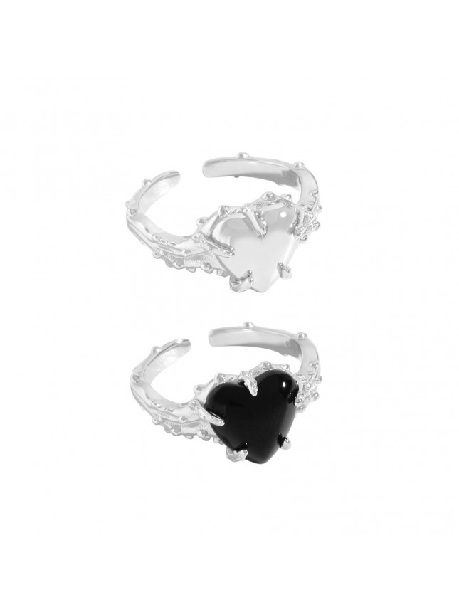Girl Black Agate Love CZ Heart 925 Sterling Silver Adjustable Ring