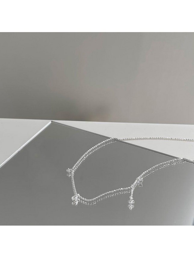 Women CZ Watersrop Tassels 925 Sterling Silver Stacker Necklace