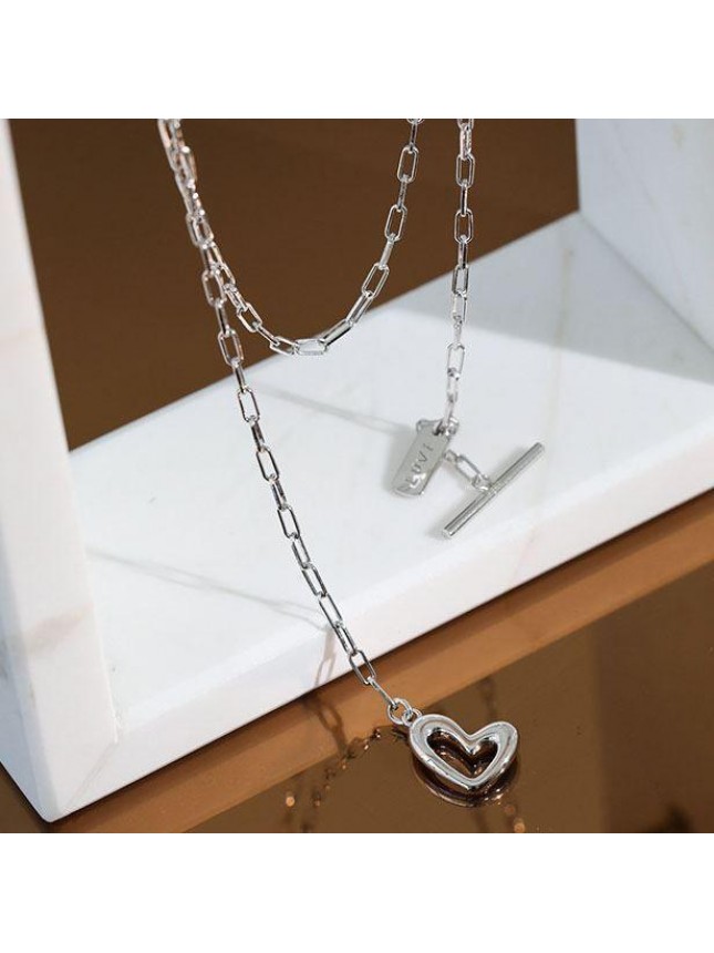 Women Irregular Hollow Heart LOVE Letter 925 Sterling Silver Necklace