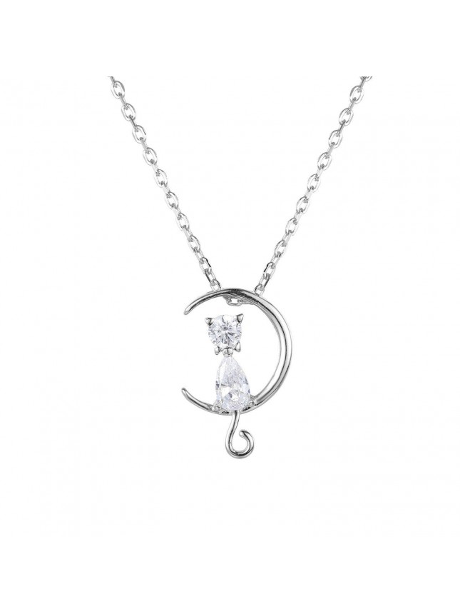 Gift Crescent Moon Cat Animal 925 Sterling Silver Necklace