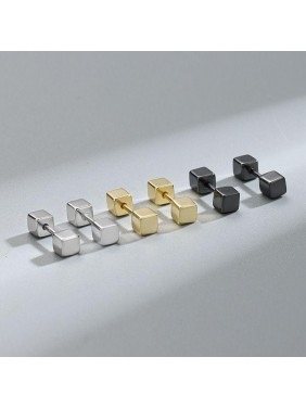 Geometry Double Cube Square Barbell Screw 925 Sterling Silver Stud Earrings