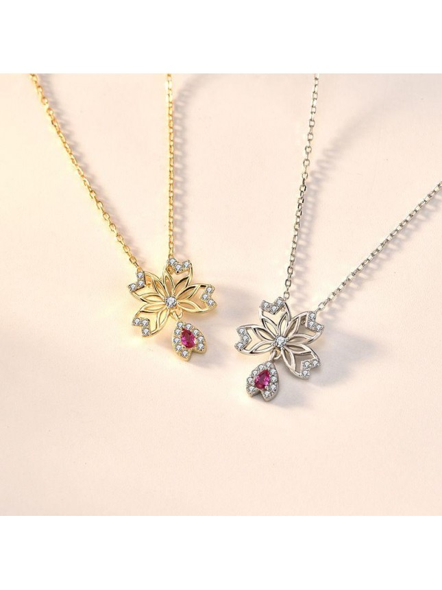 Sweet Hollow CZ Sakura Flower 925 Sterling Silver Necklace