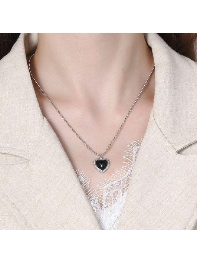 Girl Black Agate Heart Beads Chain 925 Sterling Silver Necklace