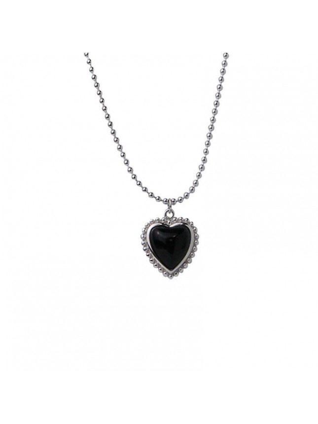 Girl Black Agate Heart Beads Chain 925 Sterling Silver Necklace