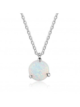 Simple Round Created Opal 925 Sterling Silver Necklace
