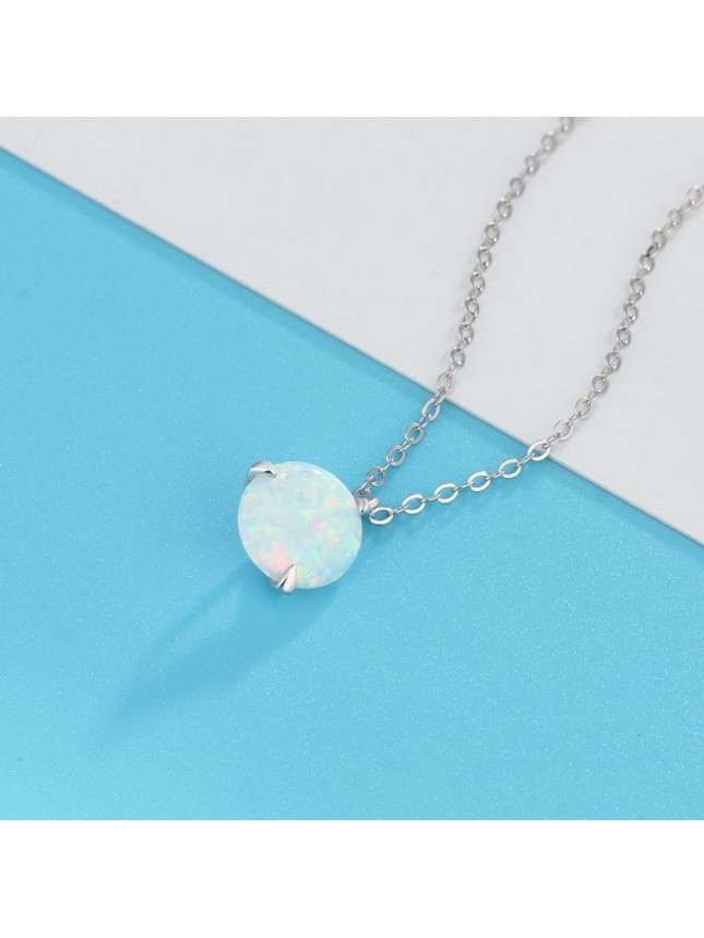 Simple Round Created Opal 925 Sterling Silver Necklace