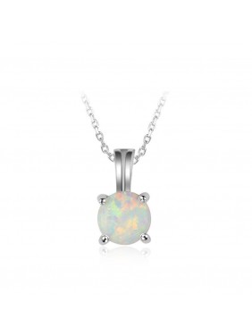 Simple Round White Created Opal 925 Sterling Silver Necklace