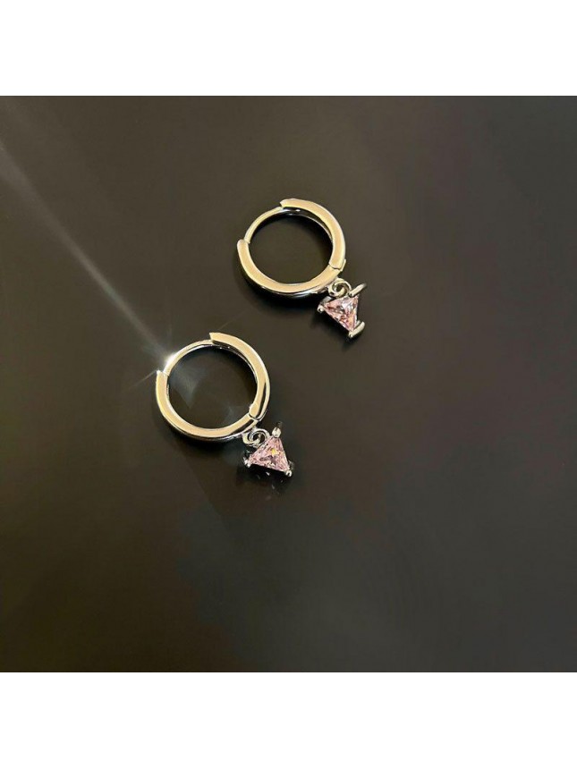 Pink CZ Triangle Geometry 925 Sterling Silver Hoop Earrings