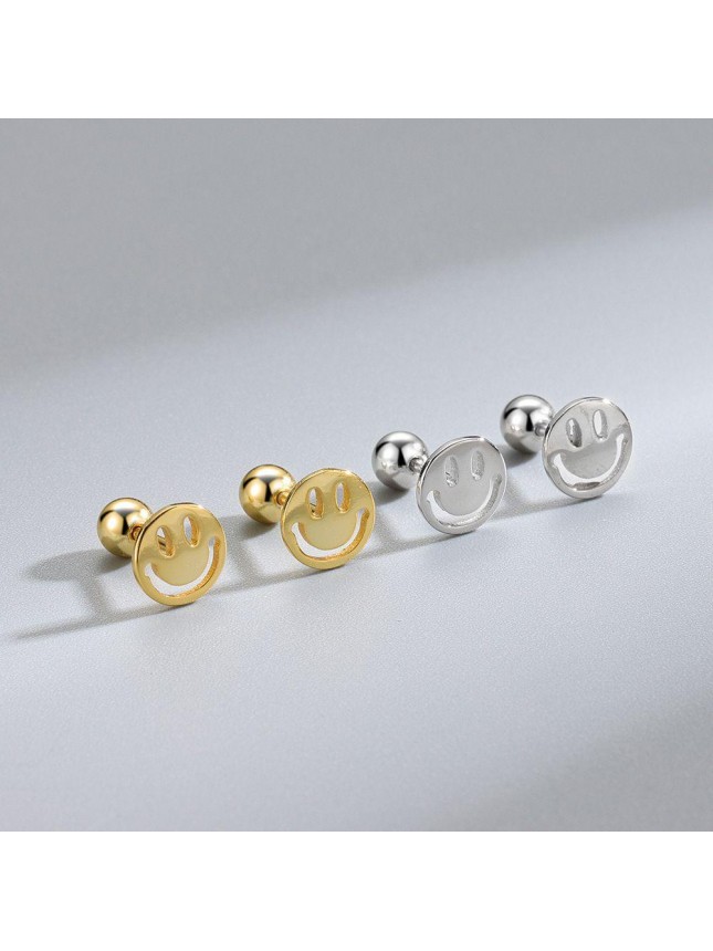 Cute Hollow Gold Plated 925 Sterling Silver Fun Round Preppy Happy Smile Screw Stud Earrings