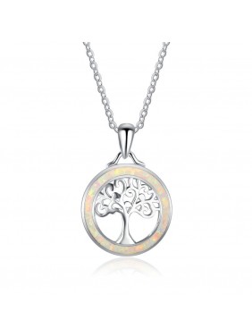 New Tree In Created Opal Circle 925 Silver Necklace