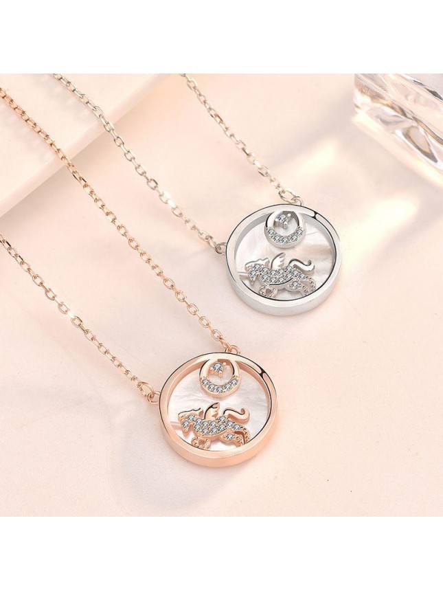 Gift Mother of Shell Moon CZ Unicorn 925 Sterling Silver Necklace