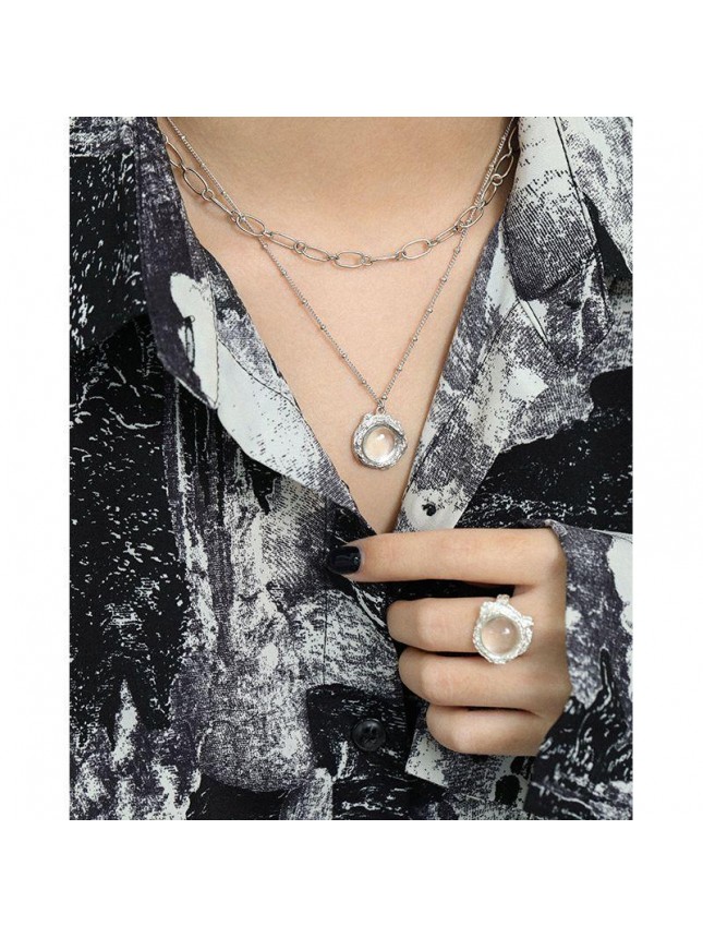 Gift Round Natural Anemousite White Crystal Irregular 925 Sterling Silver Necklace