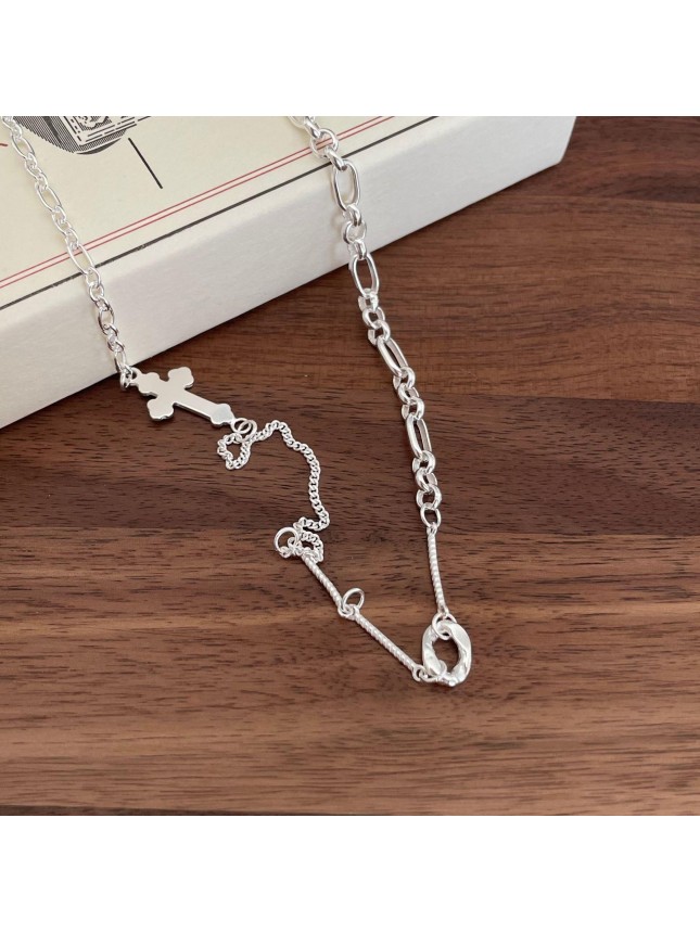 Vintage Irregular Cross Curb Pave Twisted Chain 925 Sterling Silver Necklace