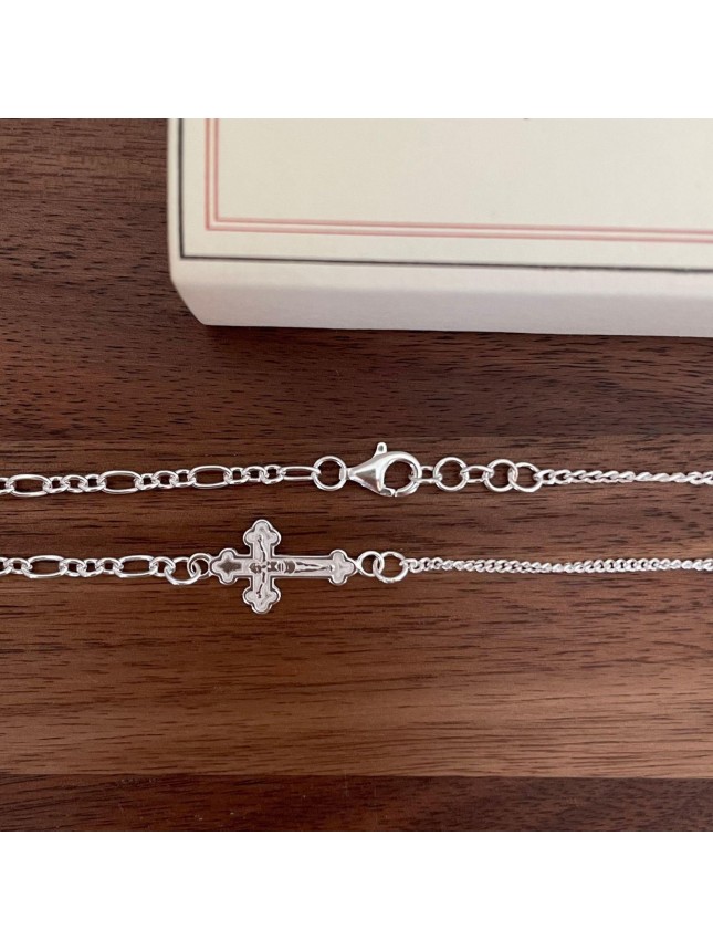Vintage Irregular Cross Curb Pave Twisted Chain 925 Sterling Silver Necklace