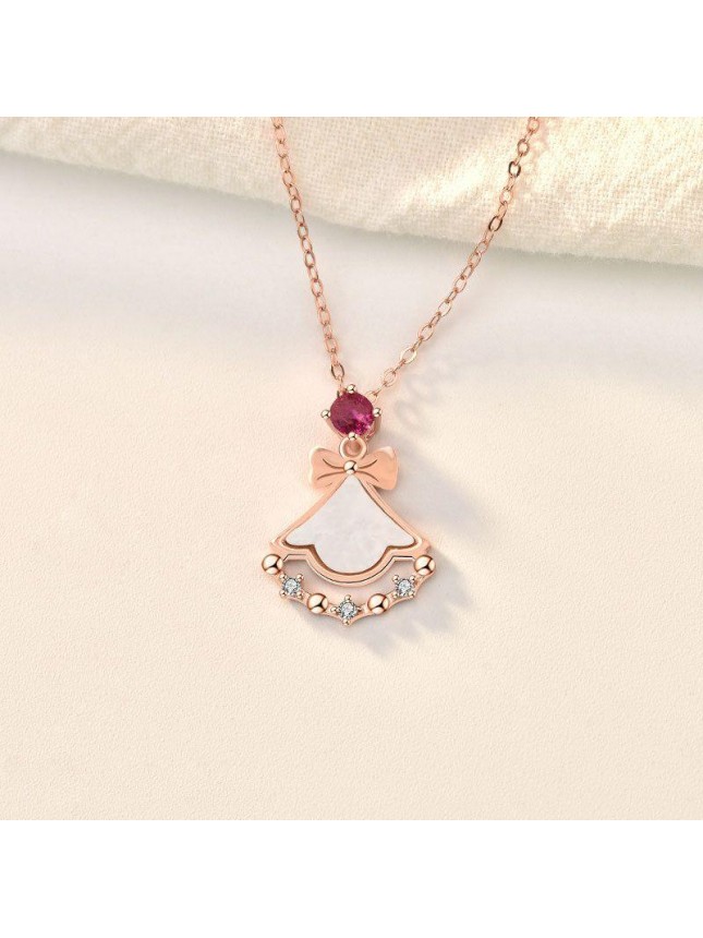 Girl Mother of Shell Pink CZ Skirt 925 Sterling Silver Necklace