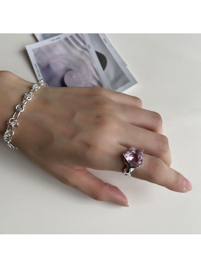 Party Purple CZ Heart 925 Sterling Silver Adjustable Ring