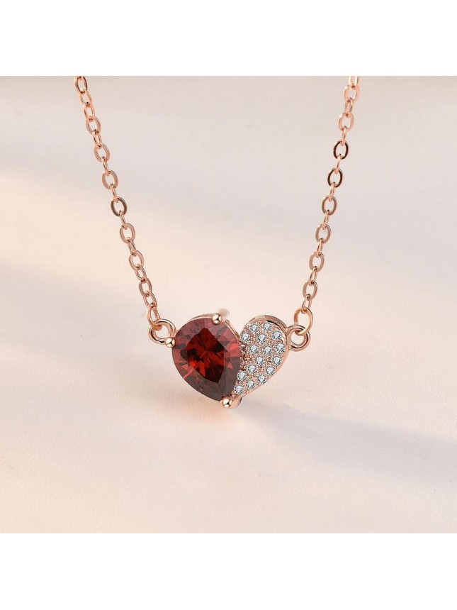 Sweet Irregular Red CZ Heart 925 Sterling Silver Necklace