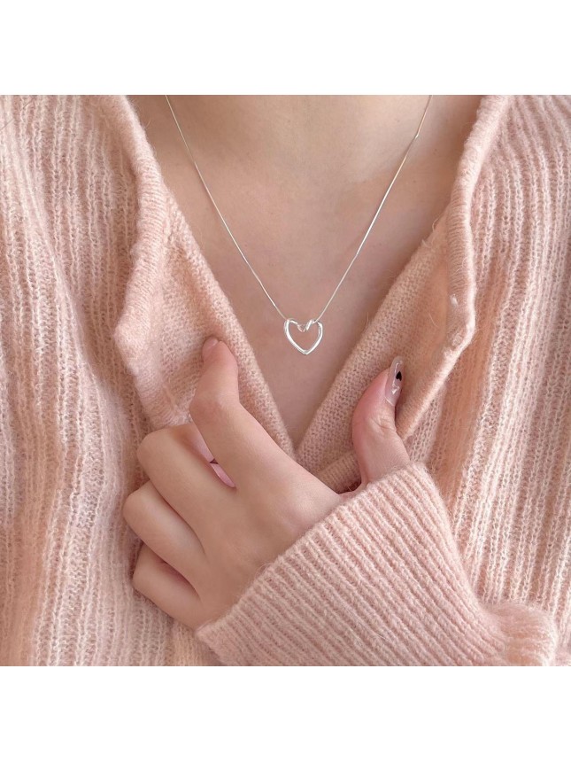 Women Heart Initial Hollow 925 Sterling Silver Necklace