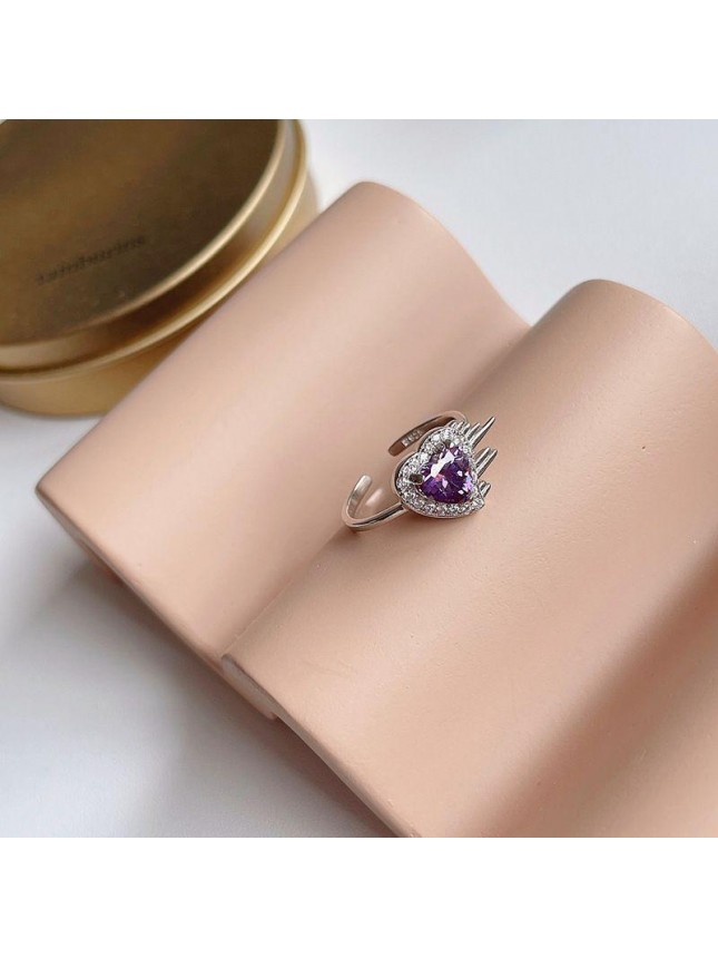 Girl Irregular Purple CZ Heart 925 Sterling Silver Adjustable Ring