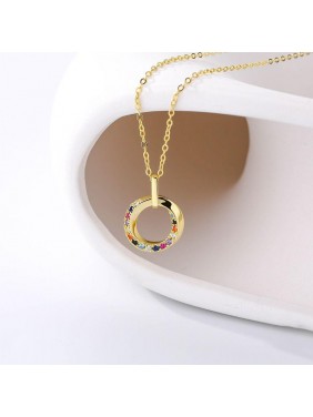 Women Colorful CZ Round Circle 925 Sterling Silver Necklace