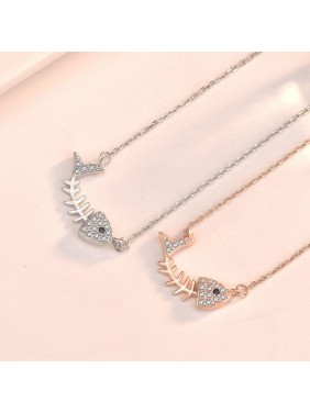 Gift CZ Fish Bones 925 Sterling Silver Necklace