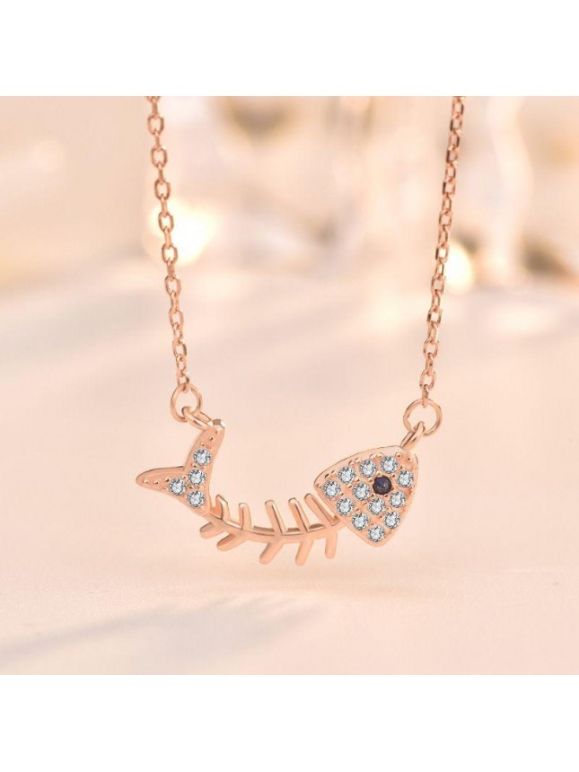 Gift CZ Fish Bones 925 Sterling Silver Necklace