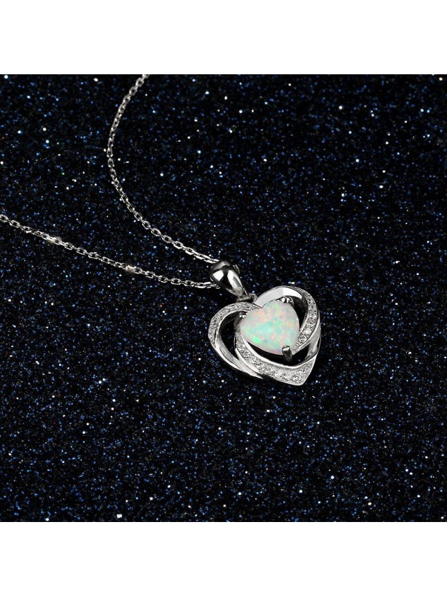 Heart White Created Opal 925 Sterling Silver CZ Necklace