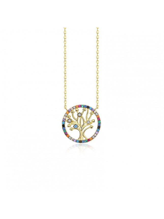 Colorful CZ  Hollow Life Tree Round 925 Sterling Silver Necklace