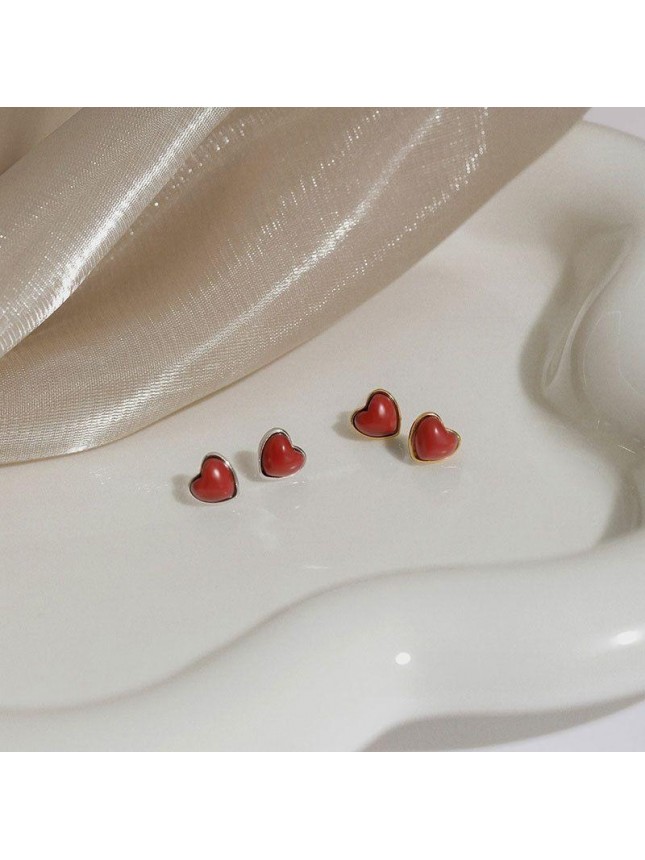 Girl Sweet Red Mini Heart 925 Sterling Silver Stud Earrings