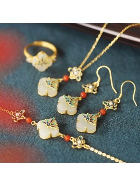 Beautiful Cloisonne Enamel Natural Nephrite Clover Flower 925 Sterling Silver Adjustable Ring/Necklace/Bracelet/Earrings