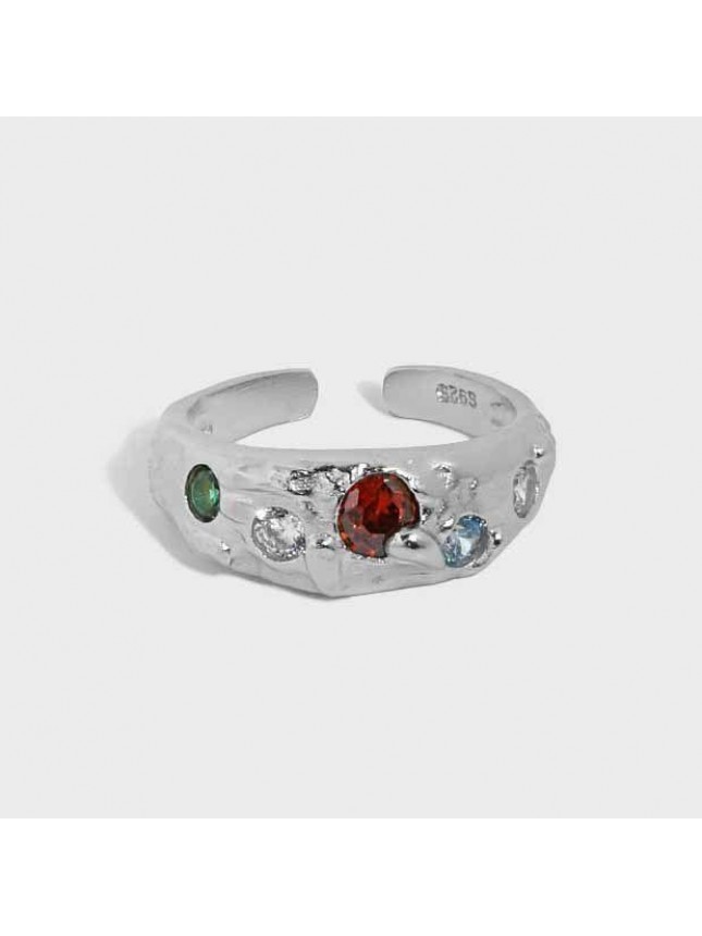 Colorful CZ Irregular Wide 925 Sterling Silver Adjustable Ring