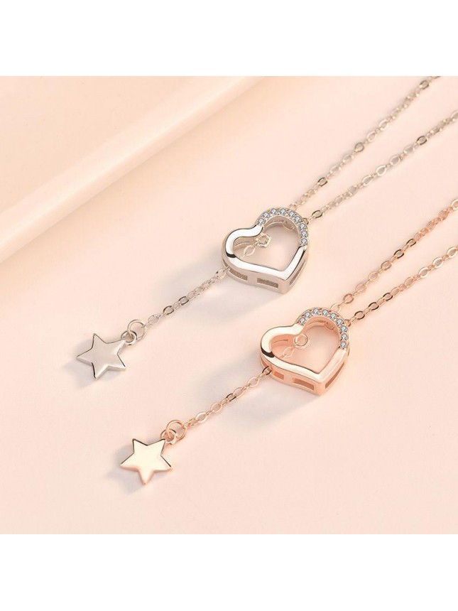 Sweet CZ Hollow Heart Star Tassels 925 Sterling Silver Necklace