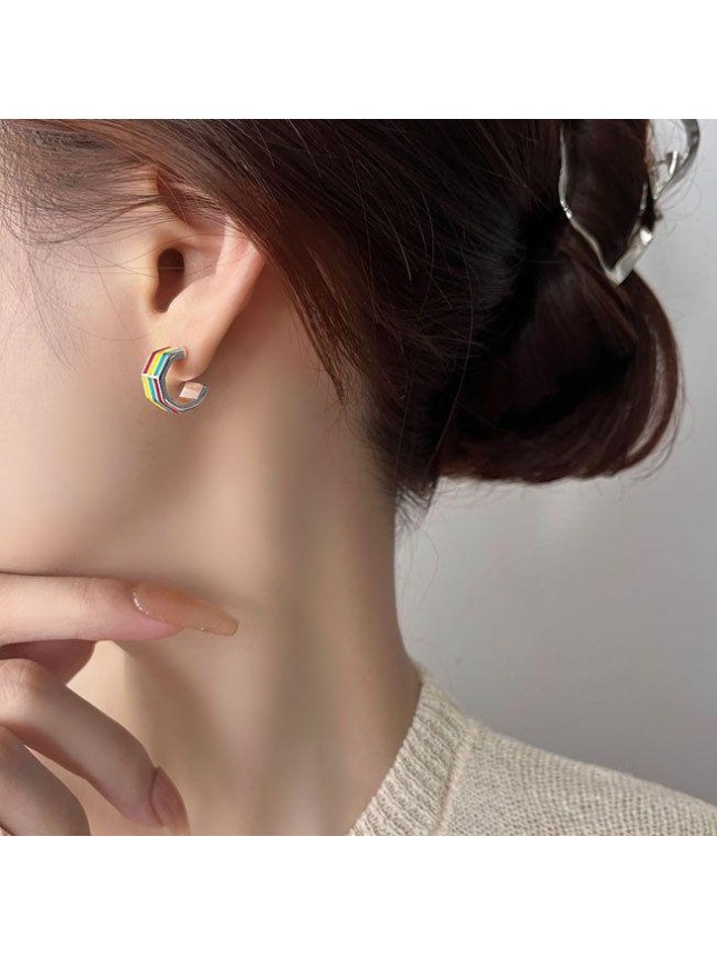 Sweet Colorful Rainbow C Shape 925 Sterling Silver Hoop Earrings