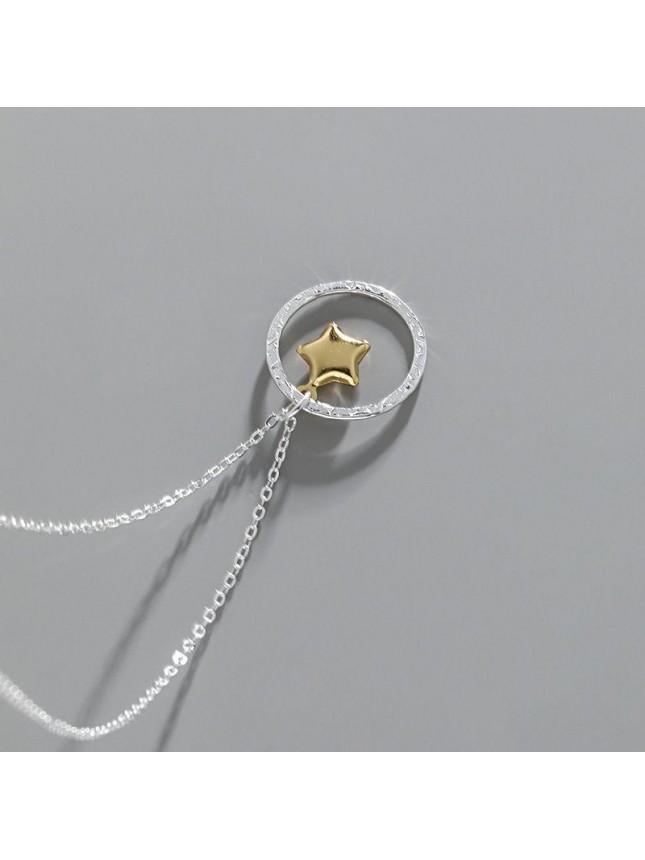 Women Round Circle Gold Star 925 Sterling Silver Necklace