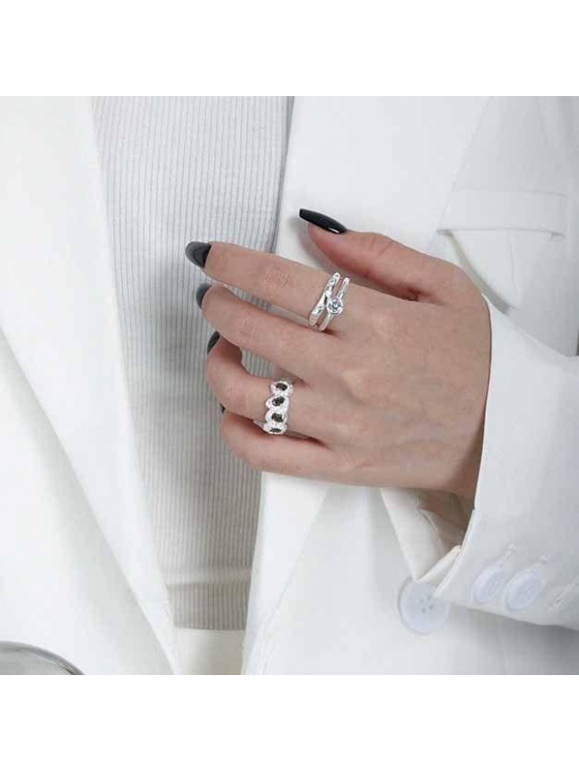 Fashion Black Irregular CZ Stone 925 Sterling Silver Adjustable Ring