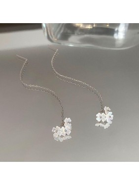 Beautiful White Shell Flowers Tassels 925 Sterling Silver Thread Dangling Earrings
