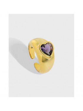 Women Heart Purple CZ Heart 925 Sterling Silver Adjustable Ring