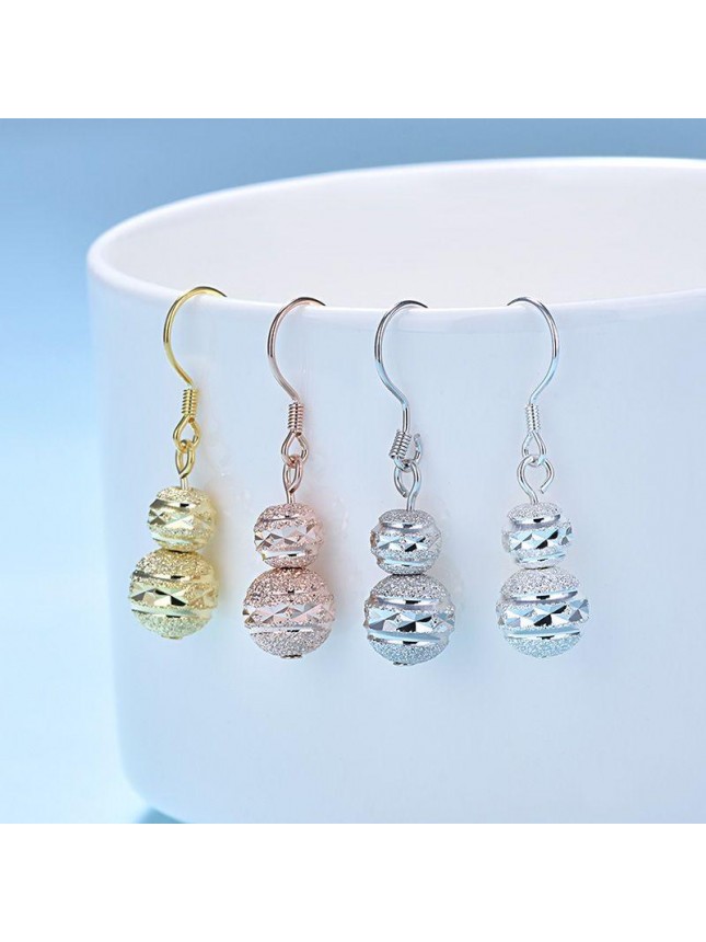 New Round Frosting Beads 925 Sterling Silver Dangling Earrings