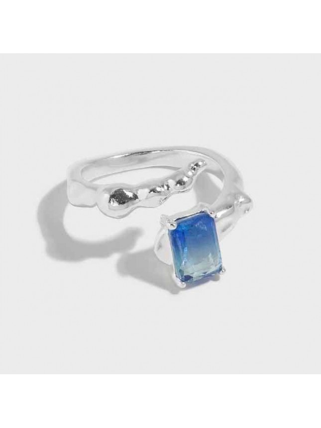 Geometry Emerald Shading Blue CZ 925 Sterling Silver Adjustable Ring