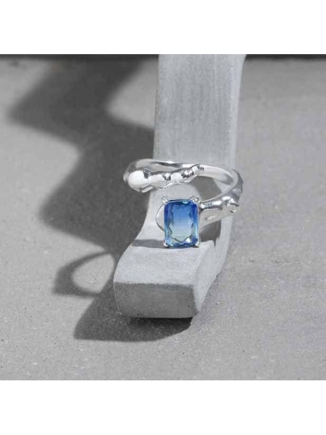 Geometry Emerald Shading Blue CZ 925 Sterling Silver Adjustable Ring