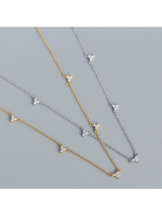 Simple CZ Three Leaf Clovers 925 Sterling Silver Necklace