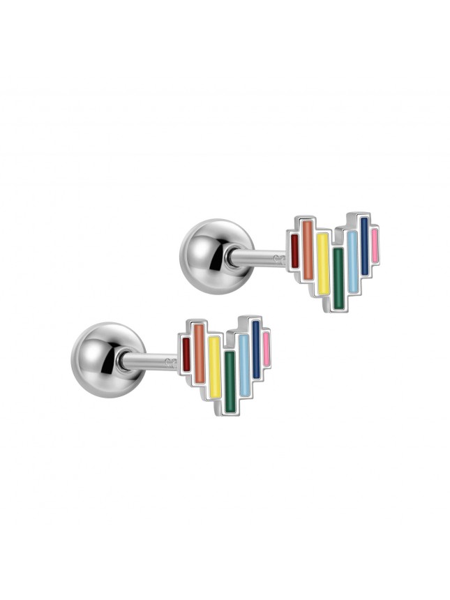 Colorful Rainbow Digital Heart 925 Sterling Silver Screw Stud Earrings