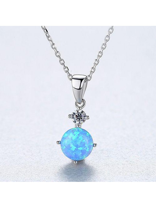 Simple Round Created Opal CZ 925 Sterling Silver Necklace
