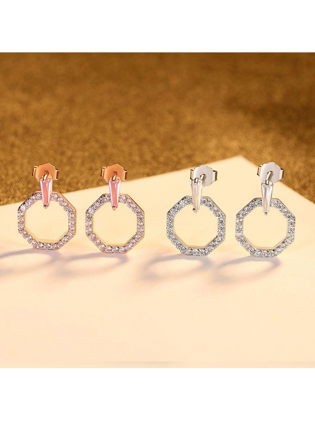 Elegant Pink CZ Geometry Circle 925 Sterling Silver Stud Earrings