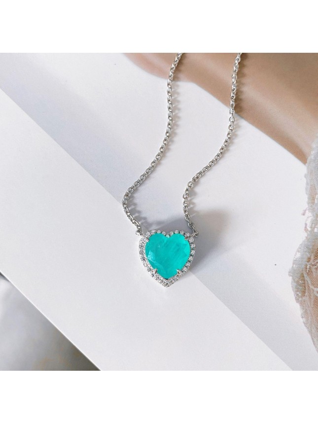 Lovely Blue Created Tourmaline Heart CZ 925 Sterling Silver Necklace