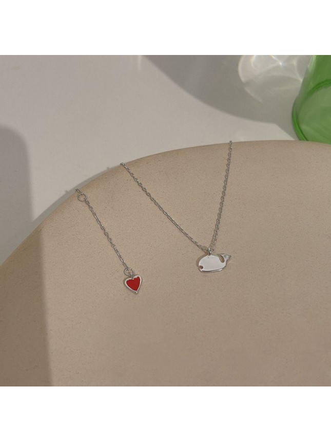 Cute Animal Little Whal Red Heart 925 Sterling Silver Necklace