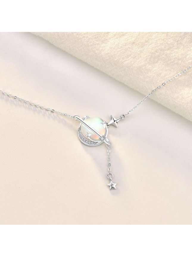 Elegant Natural Moonstone Planet Star 925 Sterling Silver Necklace