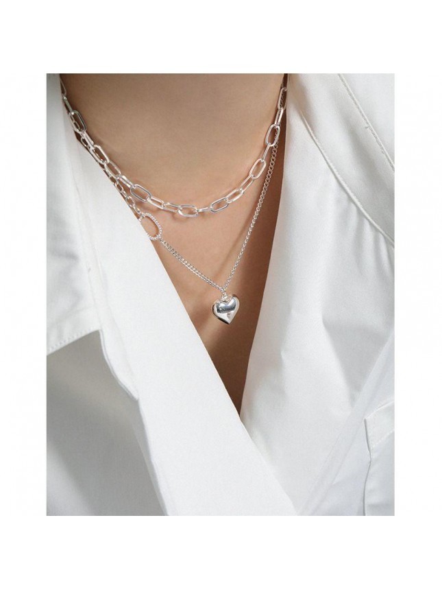 Asymmetry Curb Chain Heart 925 Sterling Silver Necklace
