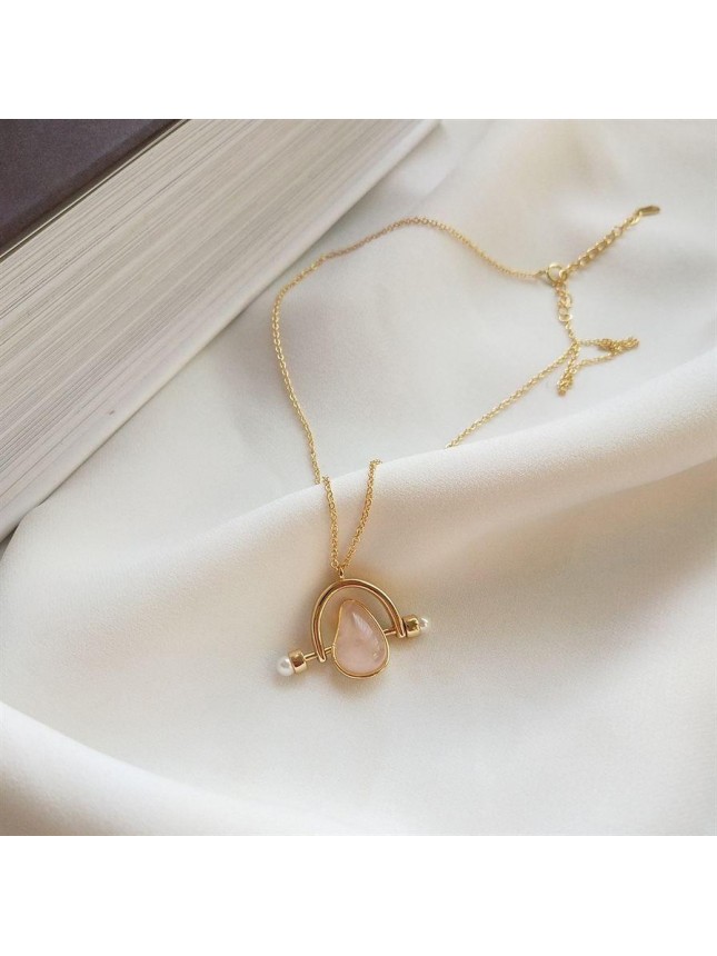 Girl Waterdrop Natural Rose Quartz Shell Pearl Swing 925 Sterling Silver Necklace