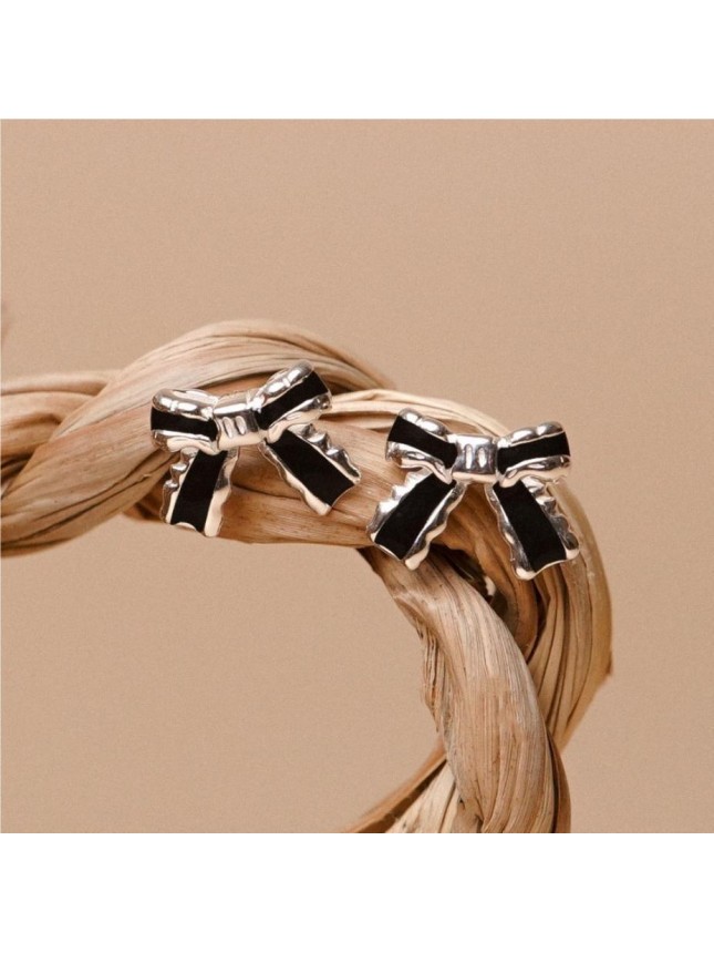Cute Girl Black Bow-Knot 925 Sterling Silver Stud Earrings